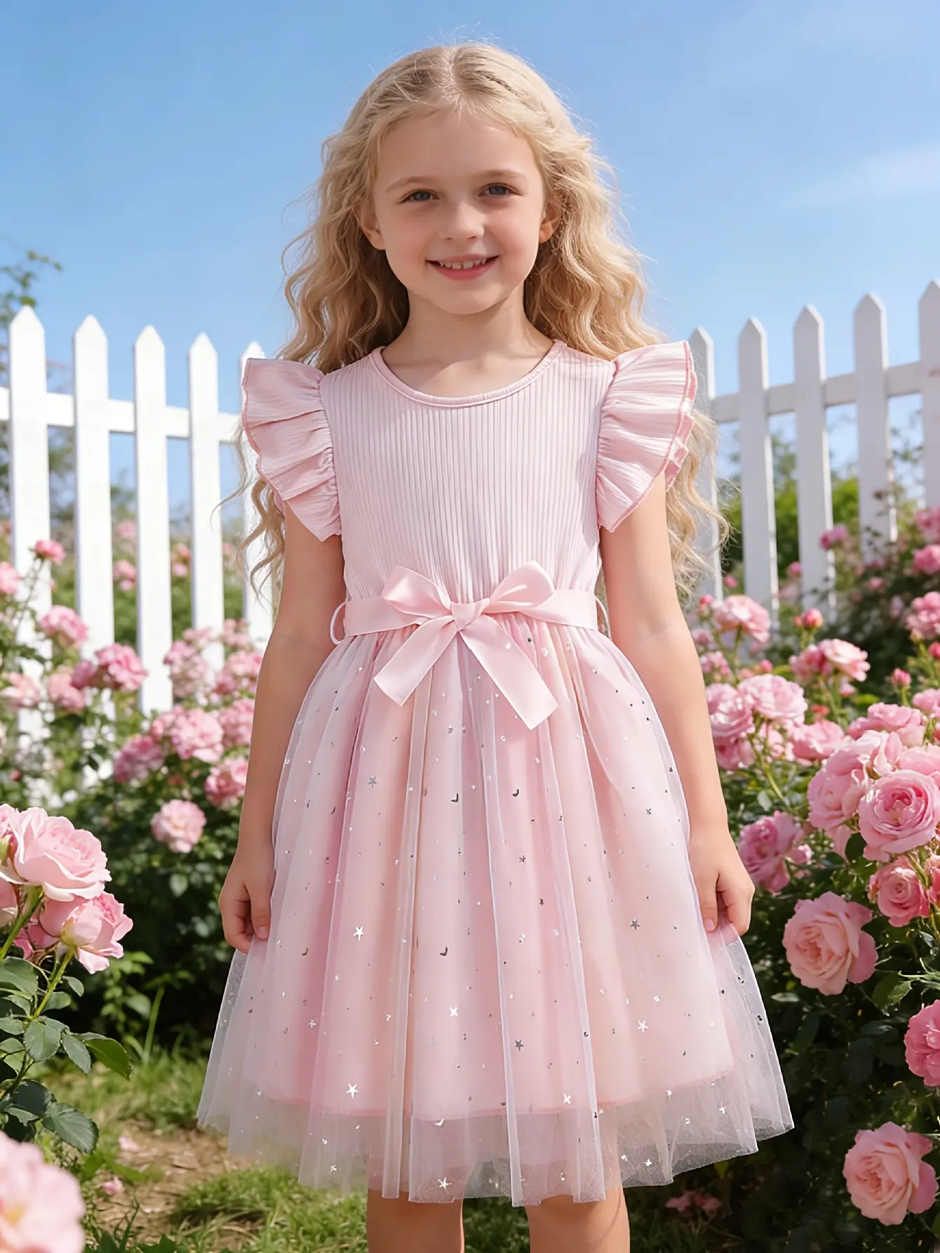 Girls Star Moon Gradient Tulle Dress in pink by LUNORIANA