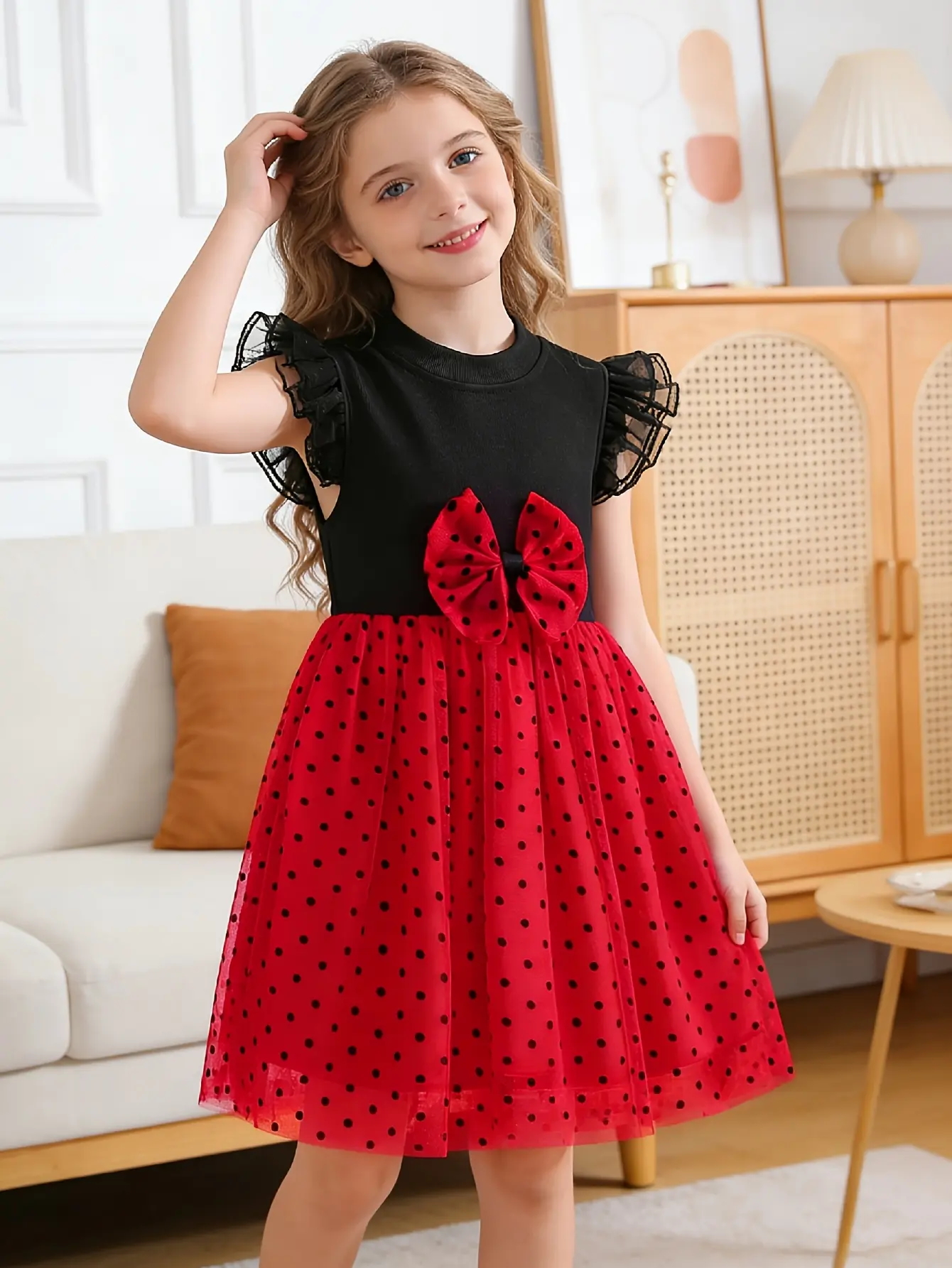 Detail 4 of Girls Black and Red Polka Dot Tulle Dress by LUNORIANA