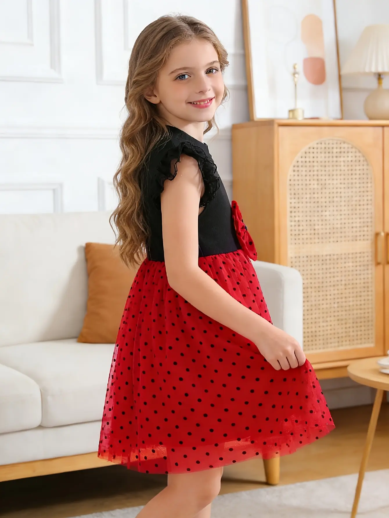 Detail 3 of Girls Black and Red Polka Dot Tulle Dress by LUNORIANA