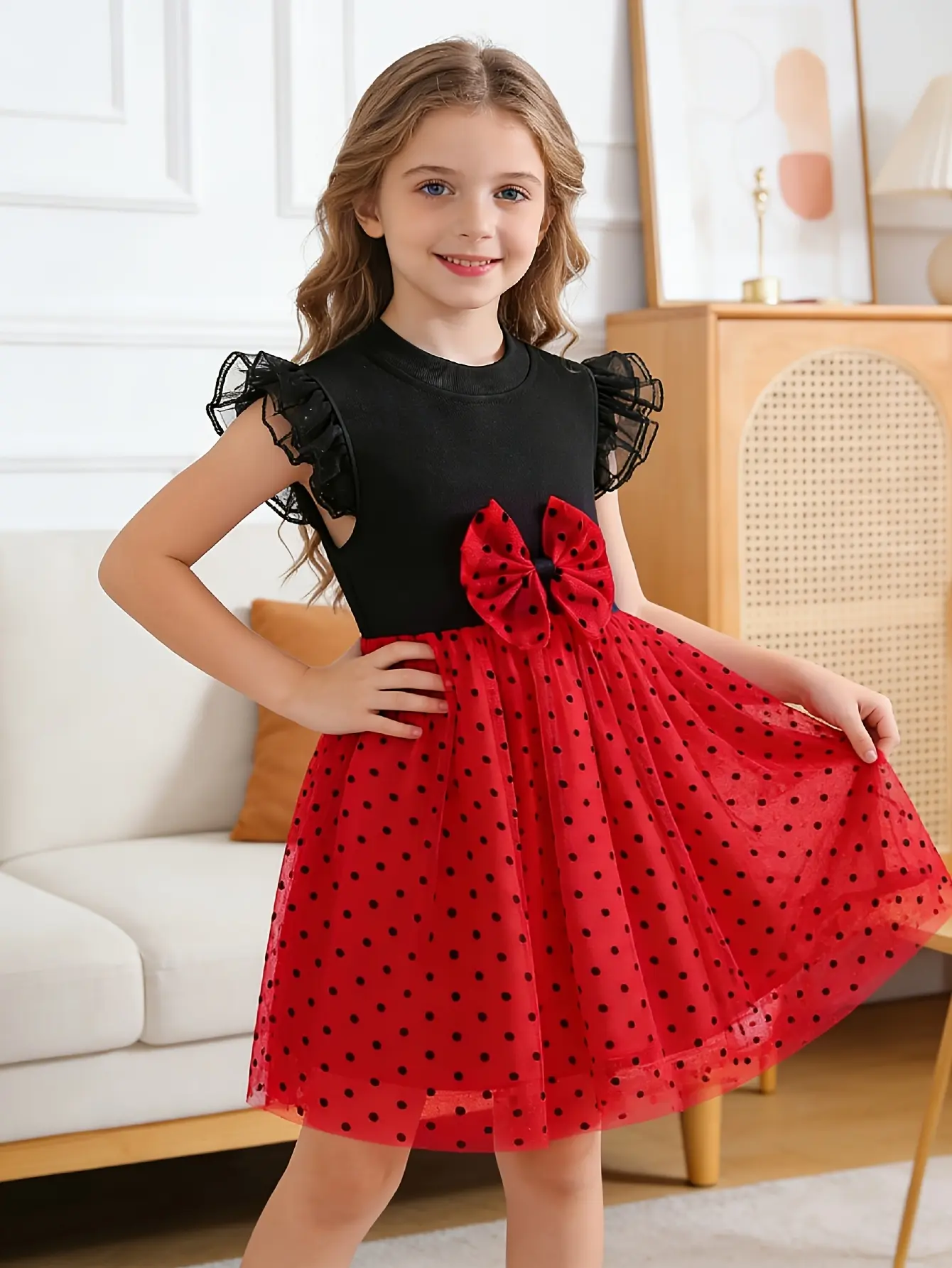 Detail 2 of Girls Black and Red Polka Dot Tulle Dress by LUNORIANA
