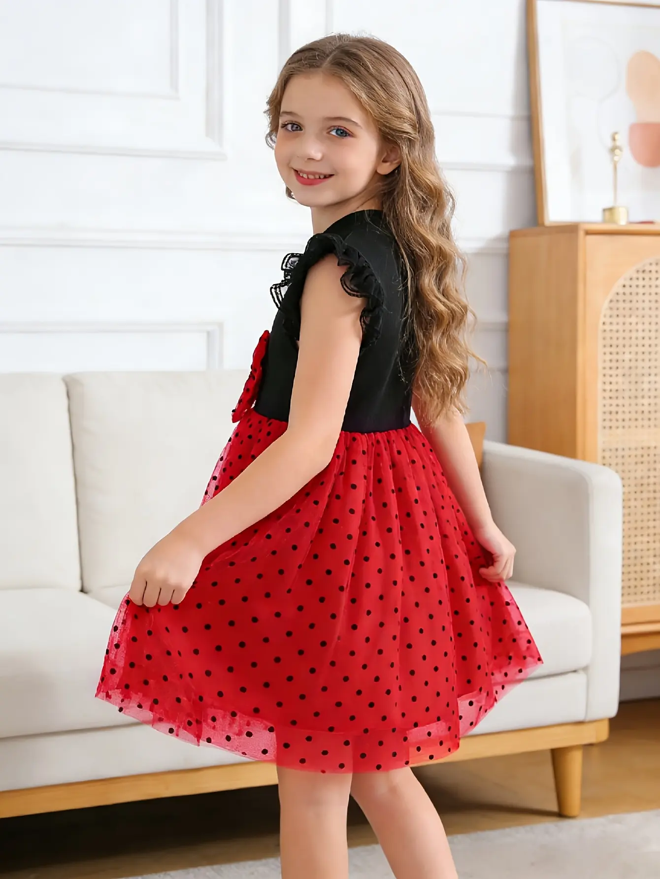 Detail 1 of Girls Black and Red Polka Dot Tulle Dress by LUNORIANA