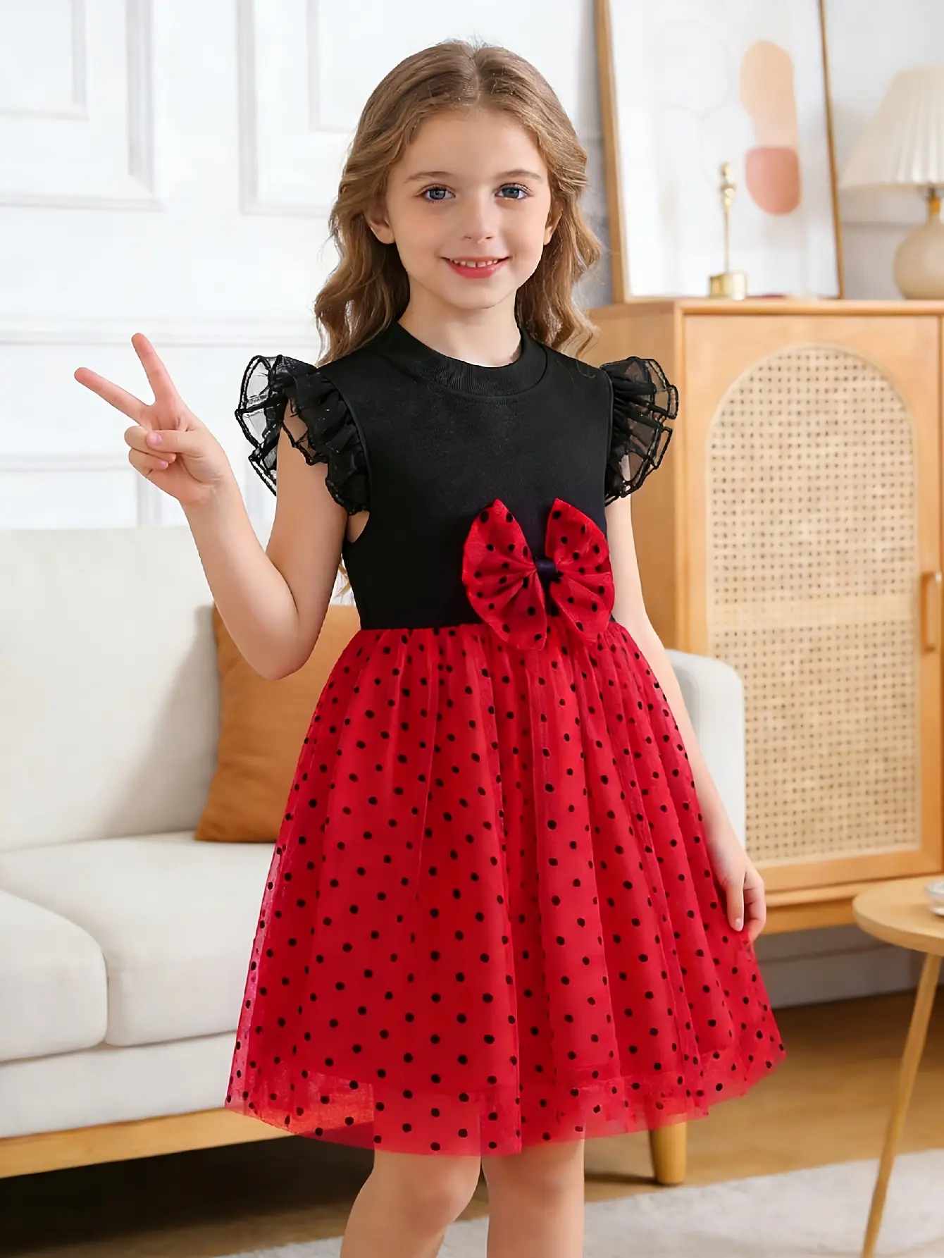 Detail 5 of Girls Black and Red Polka Dot Tulle Dress by LUNORIANA