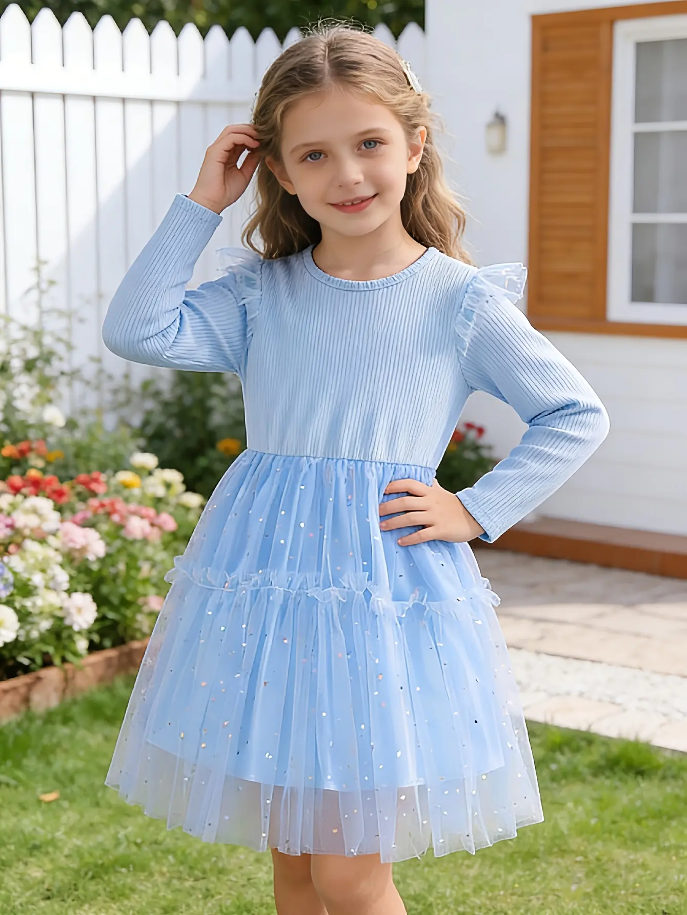 Detail 4 of Girls Blue Long Sleeve Sequin Tulle Dress by LUNORIANA