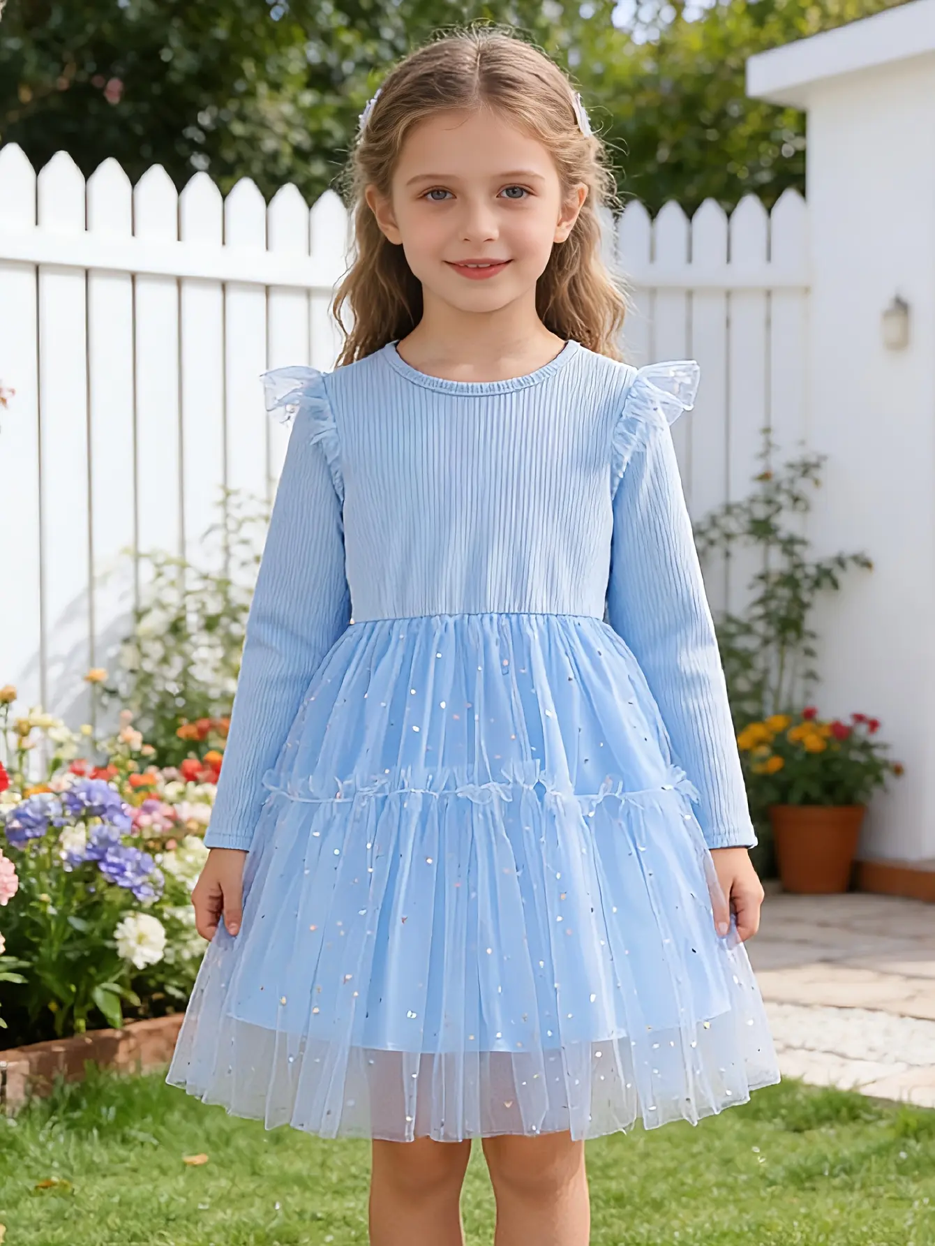 Girls Blue Long Sleeve Sequin Tulle Dress by LUNORIANA