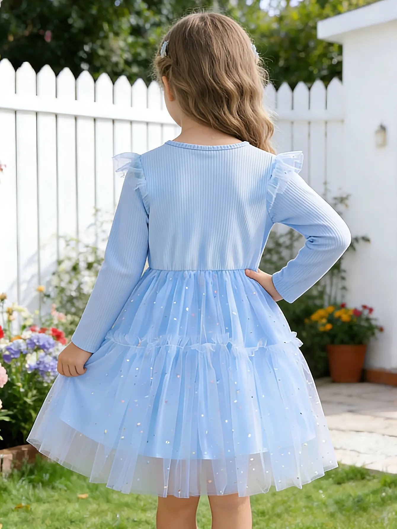 Detail 1 of Girls Blue Long Sleeve Sequin Tulle Dress by LUNORIANA
