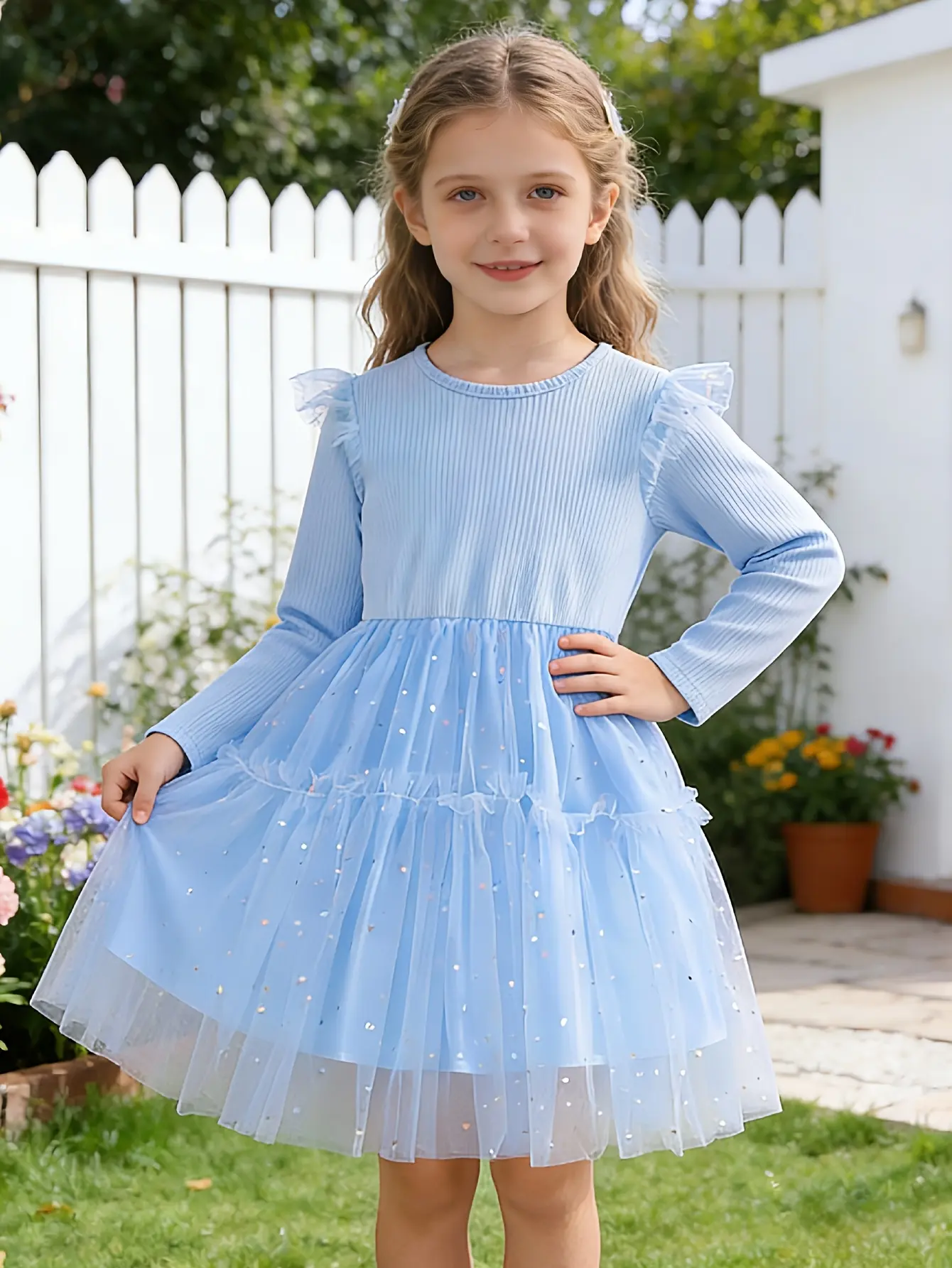 Detail 3 of Girls Blue Long Sleeve Sequin Tulle Dress by LUNORIANA