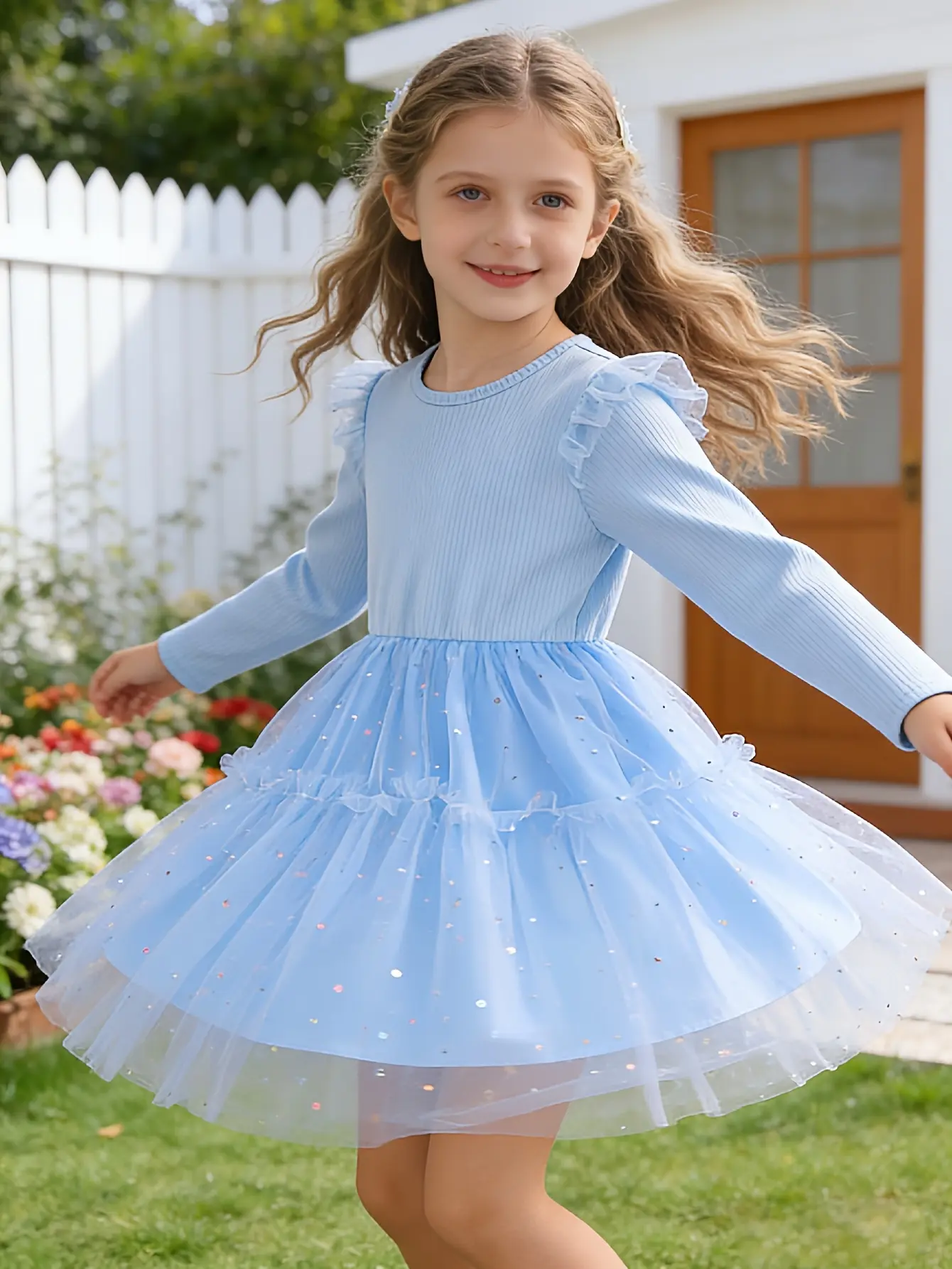Detail 2 of Girls Blue Long Sleeve Sequin Tulle Dress by LUNORIANA