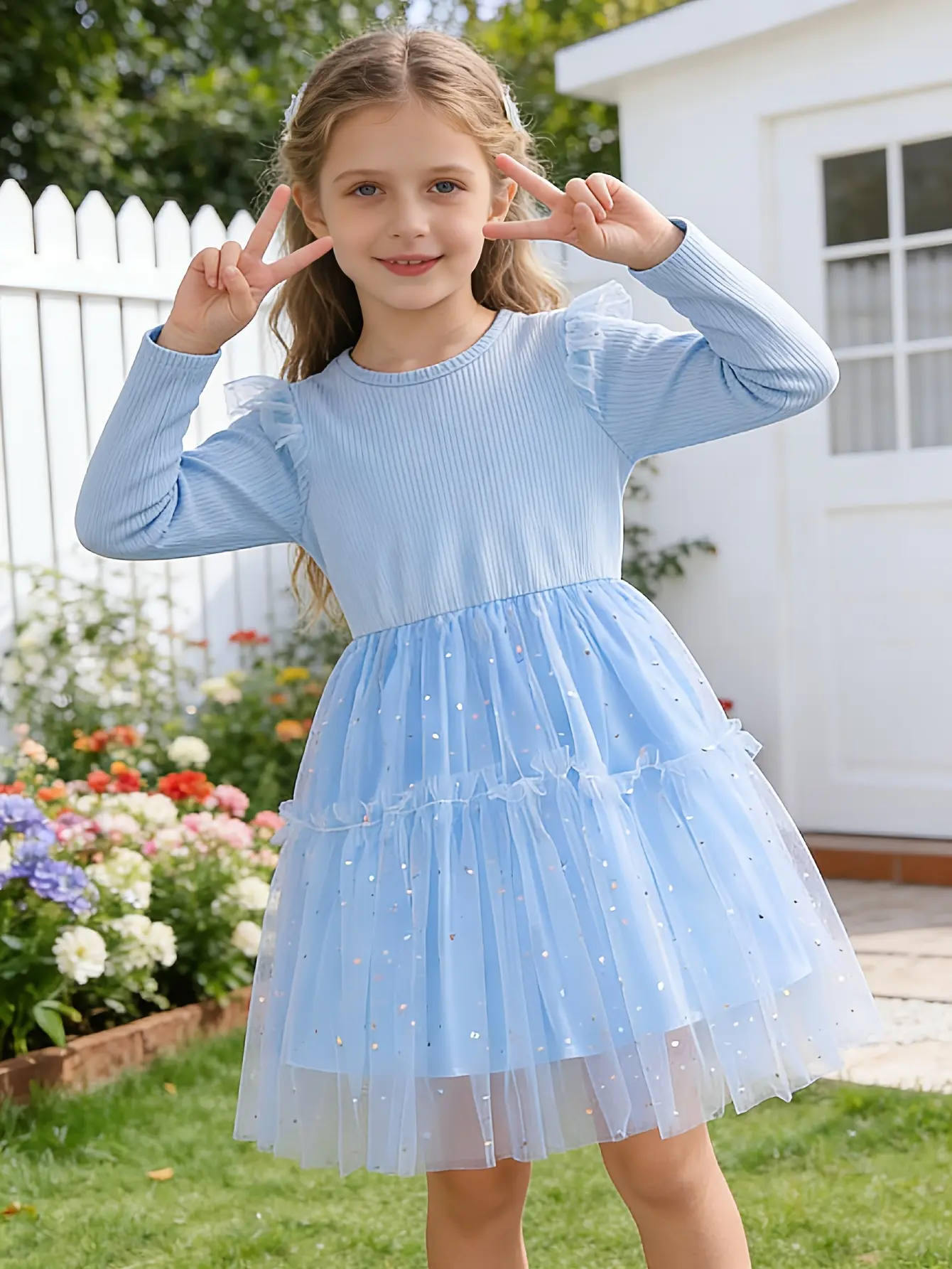 Detail 5 of Girls Blue Long Sleeve Sequin Tulle Dress by LUNORIANA