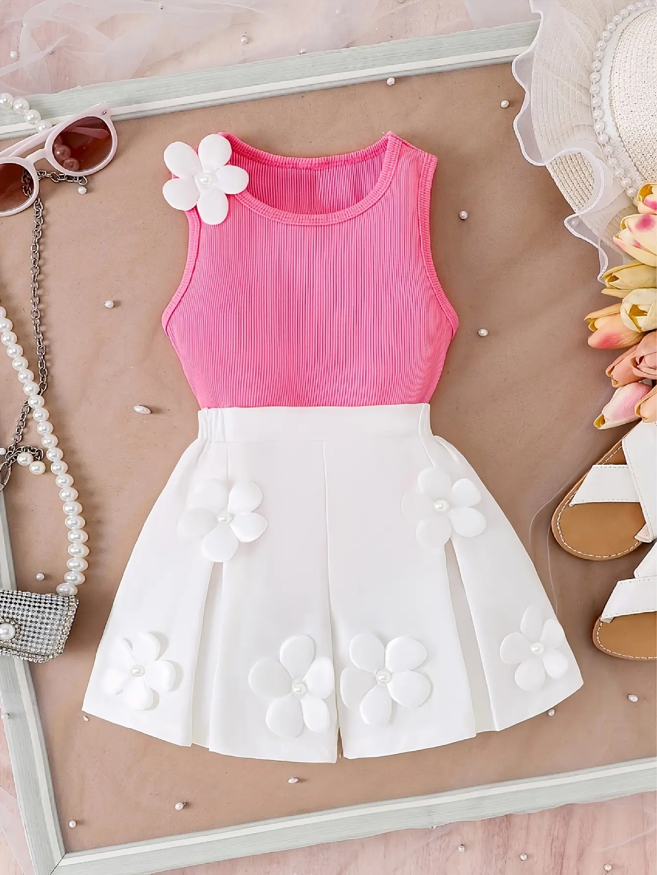 Girls Sleeveless Floral Top and Shorts Set by LUNORIANA