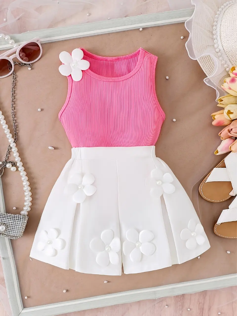 Girls Sleeveless Floral Top and Shorts Set by LUNORIANA
