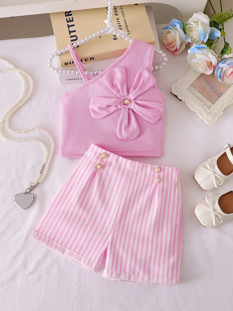 Girls Pink 3D Flower Vest and Striped Shorts Set by LUNORIANA