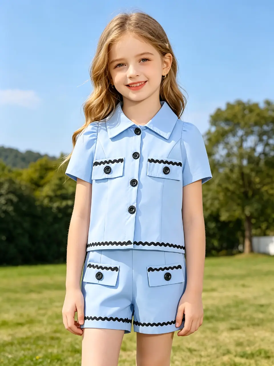 Girls Light Blue Puff Sleeve Top and Shorts Set by LUNORIANA