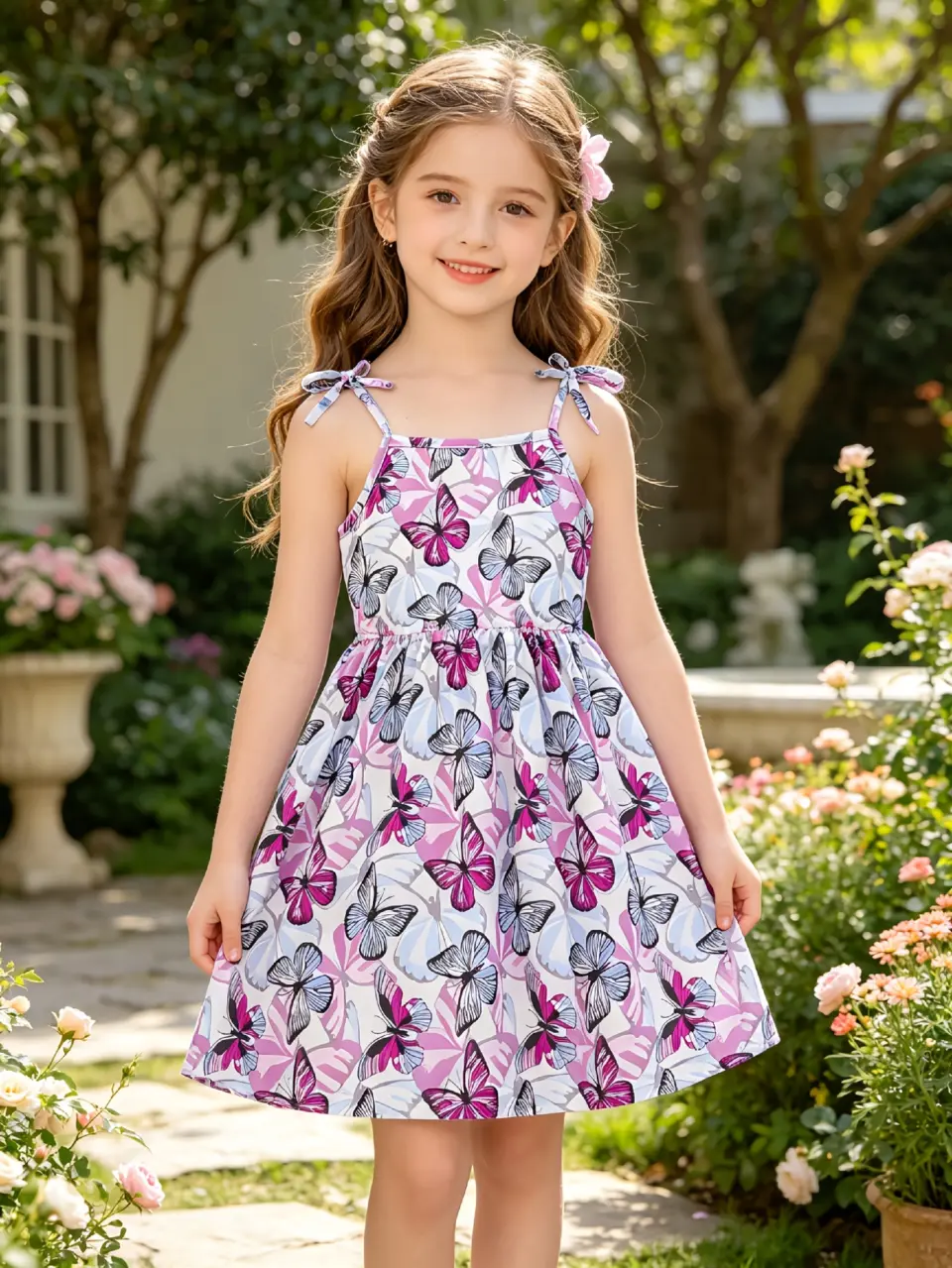 Girls Butterfly Print Textured Dress by LUNORIANA