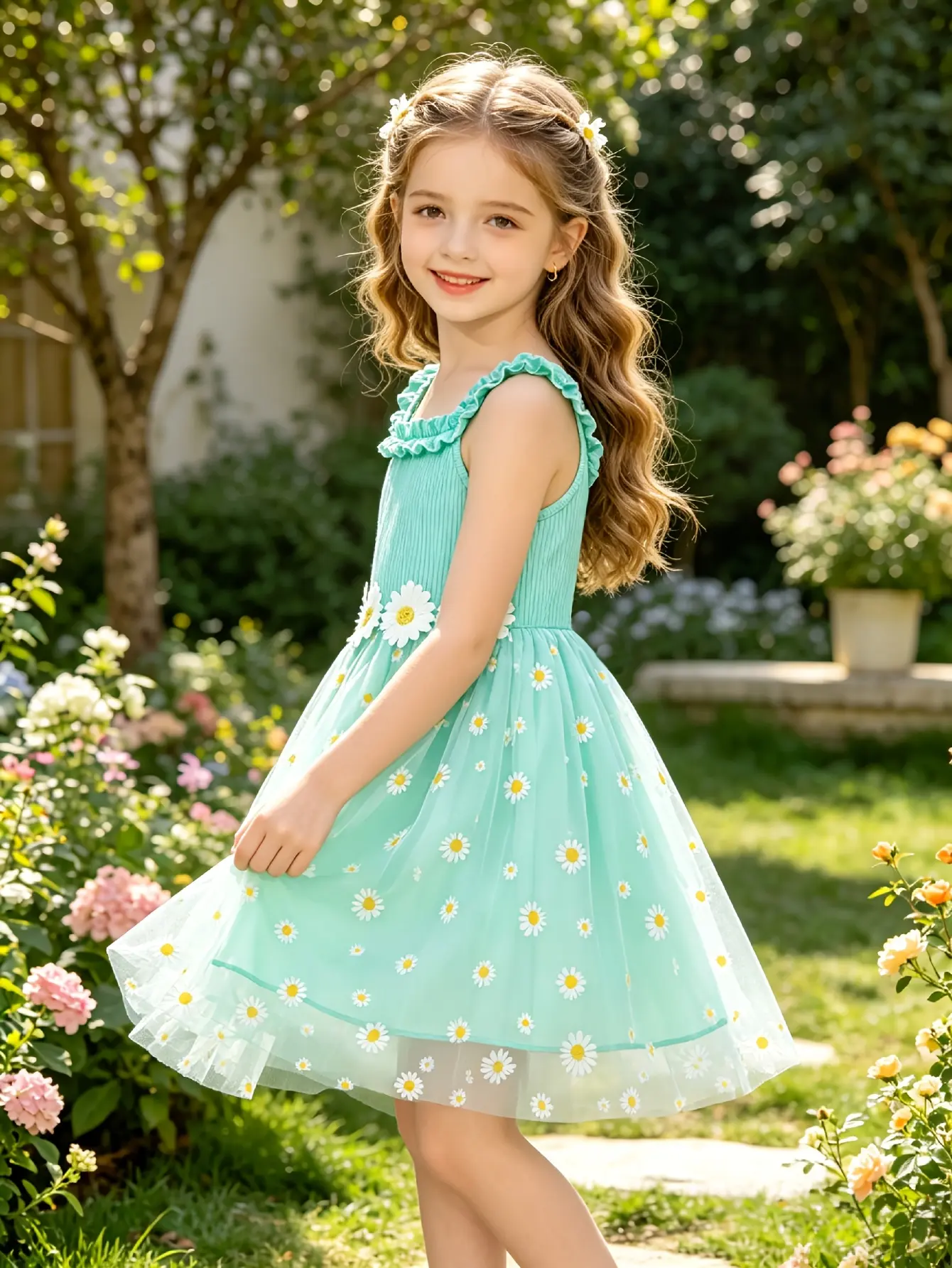 Detail 1 of Girls Aqua Daisy Tulle Cami Dress by LUNORIANA