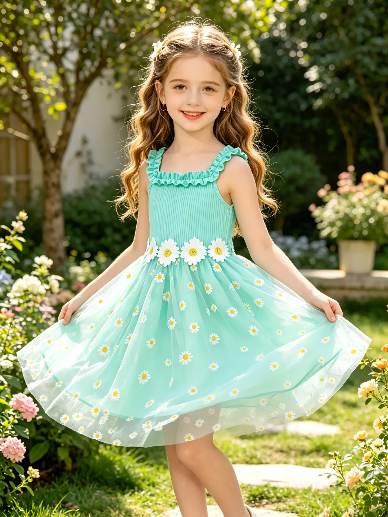 Detail 2 of Girls Aqua Daisy Tulle Cami Dress by LUNORIANA