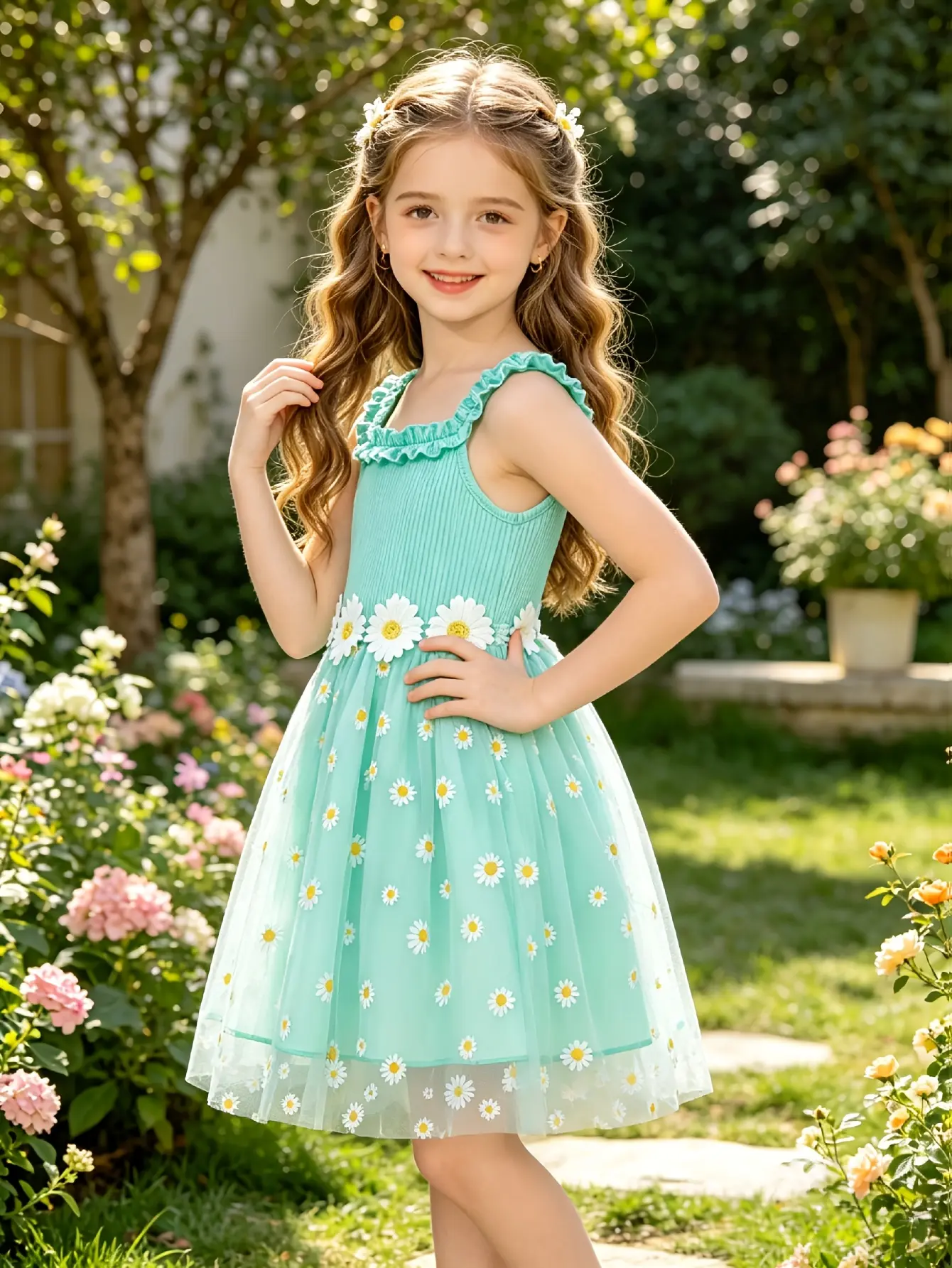 Detail 3 of Girls Aqua Daisy Tulle Cami Dress by LUNORIANA
