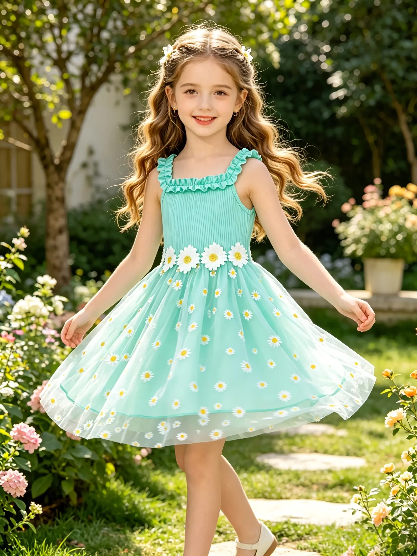 Detail 4 of Girls Aqua Daisy Tulle Cami Dress by LUNORIANA
