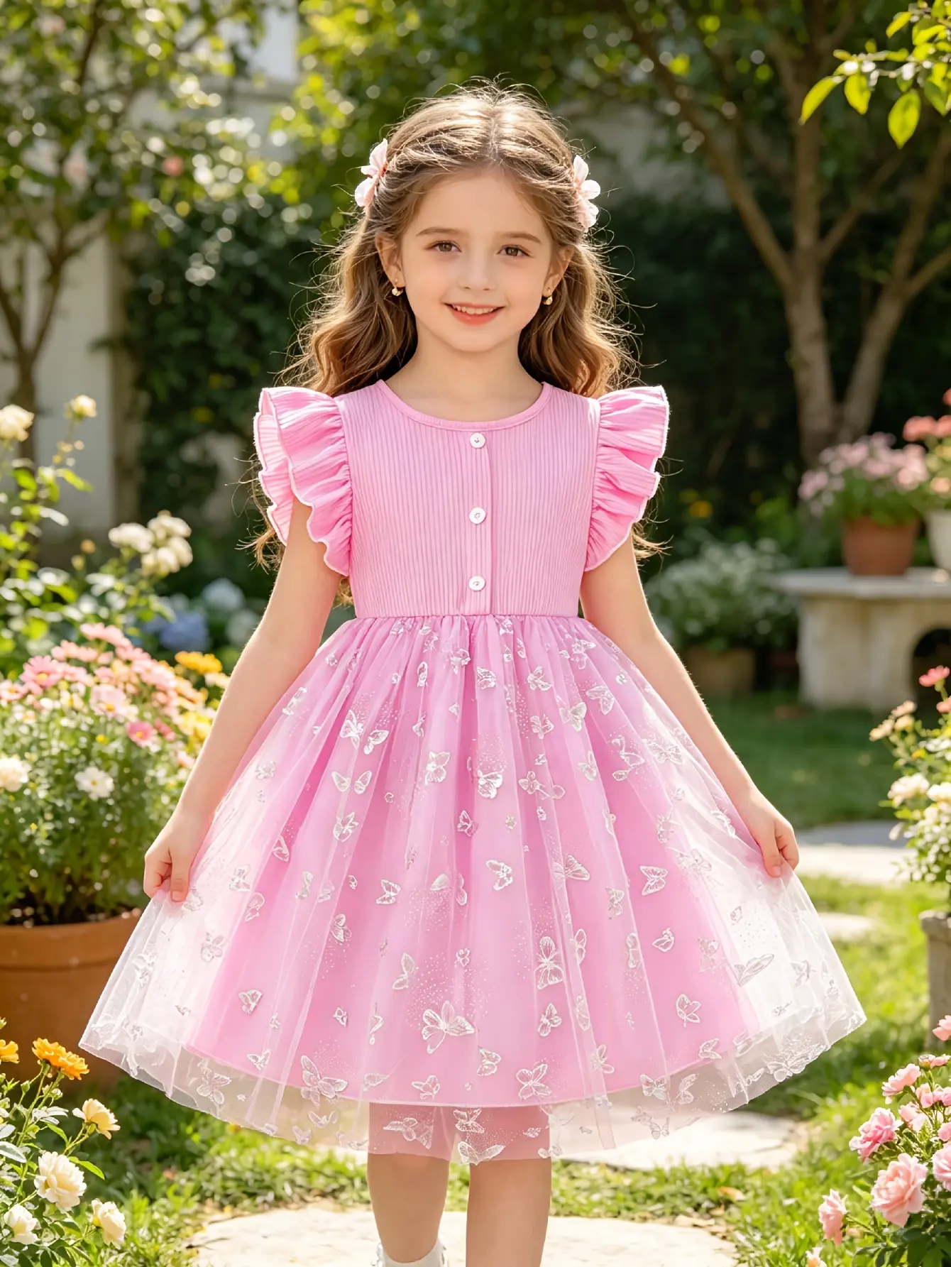 Girls Butterfly Print Ribbed Tulle Dress by LUNORIANA