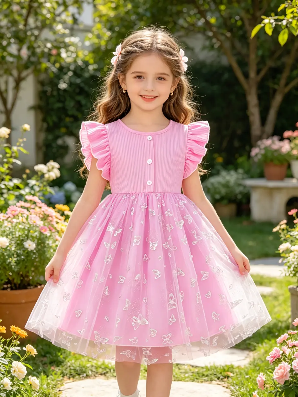 Girls Butterfly Print Ribbed Tulle Dress by LUNORIANA