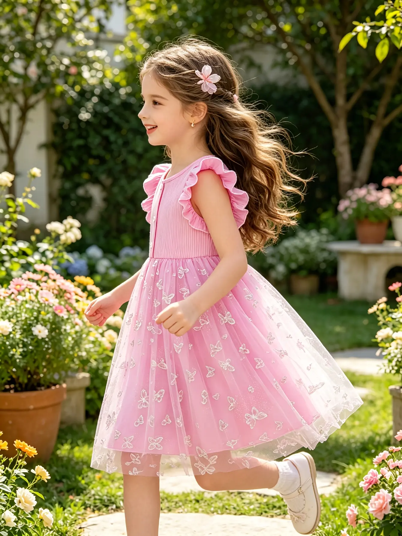 Detail 6 of Girls Butterfly Print Ribbed Tulle Dress by LUNORIANA