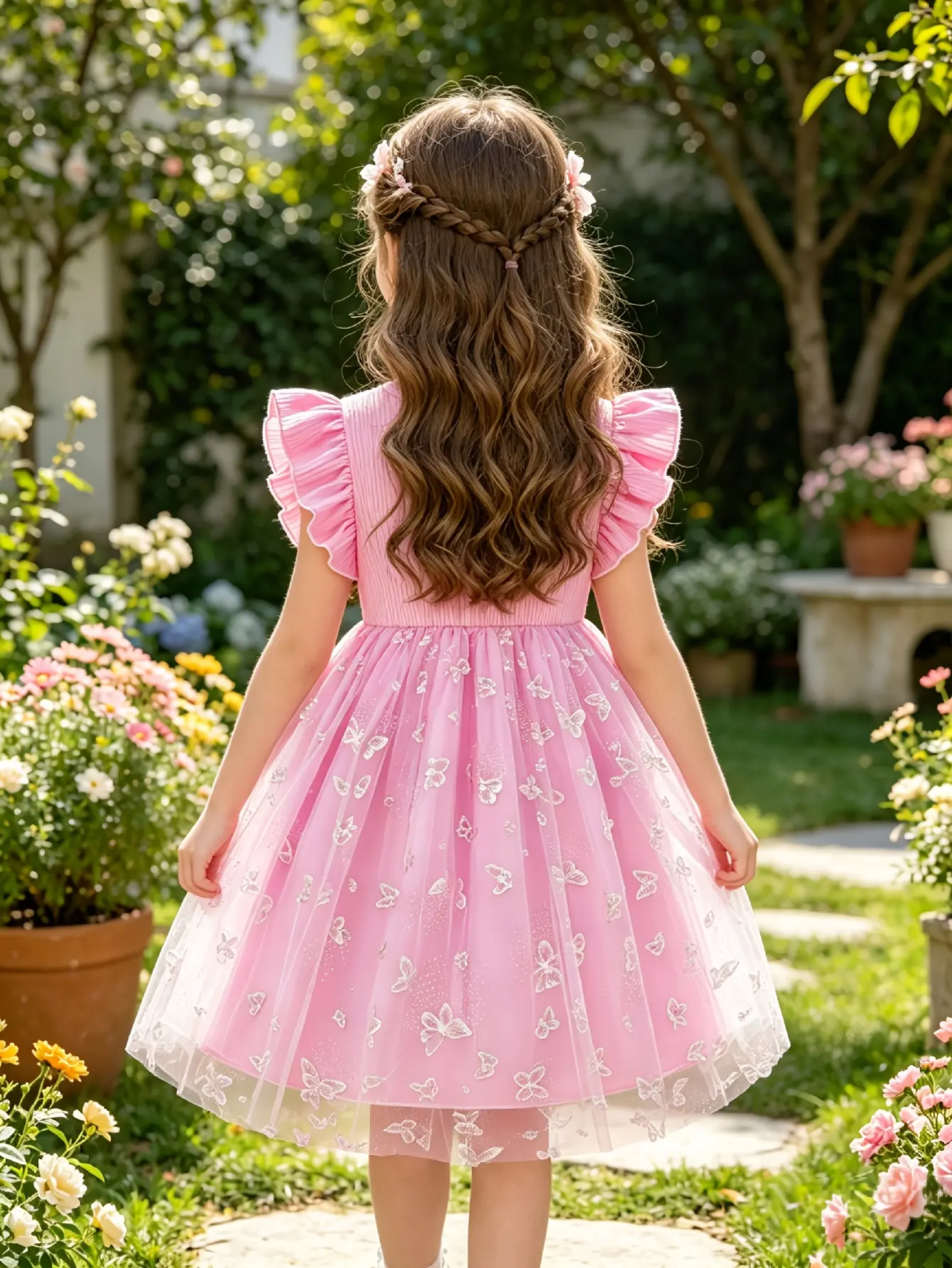 Detail 2 of Girls Butterfly Print Ribbed Tulle Dress by LUNORIANA