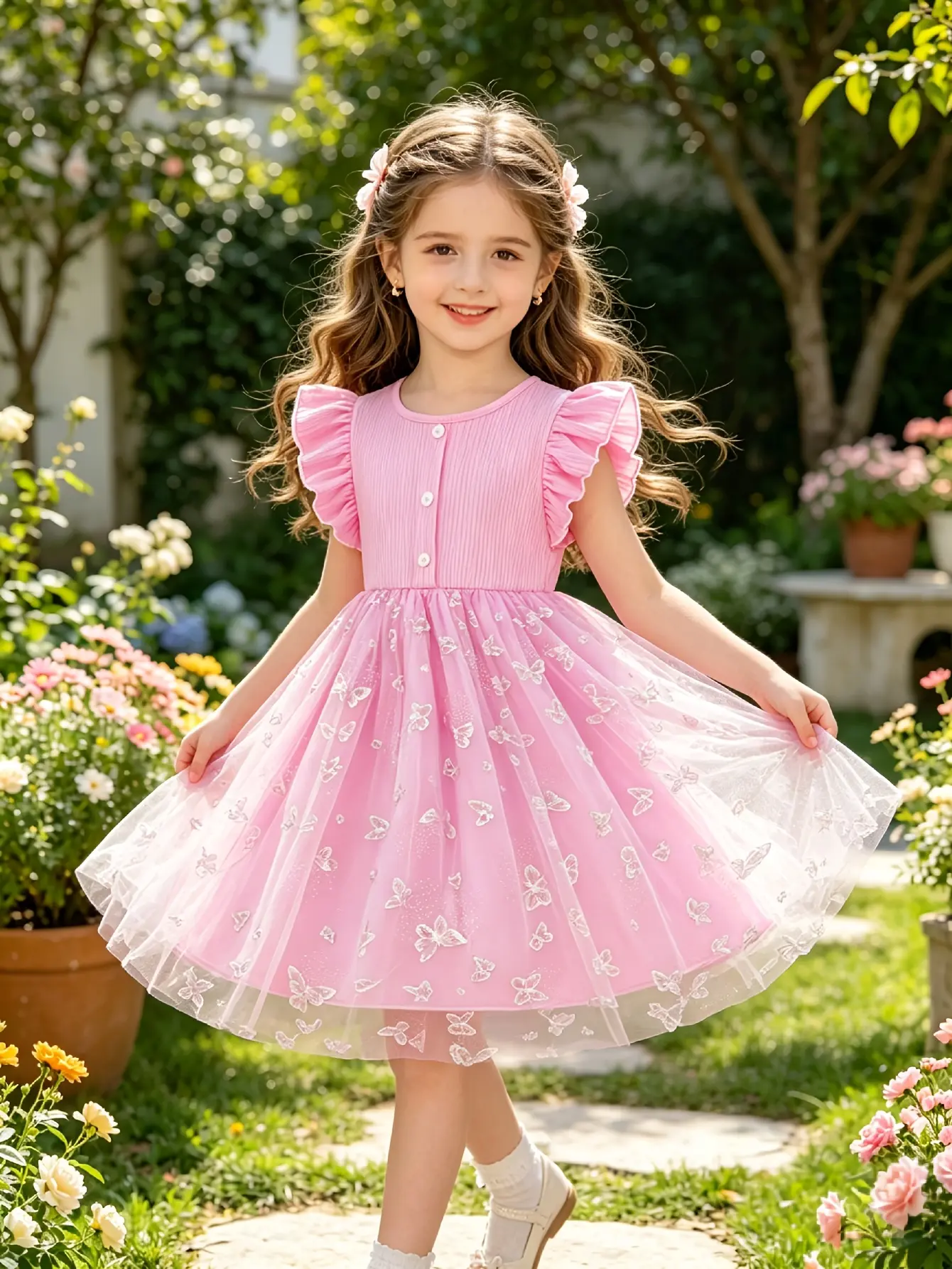 Detail 3 of Girls Butterfly Print Ribbed Tulle Dress by LUNORIANA