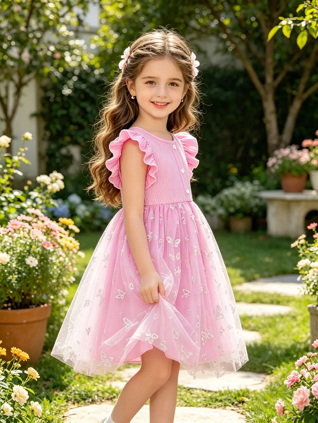 Detail 5 of Girls Butterfly Print Ribbed Tulle Dress by LUNORIANA