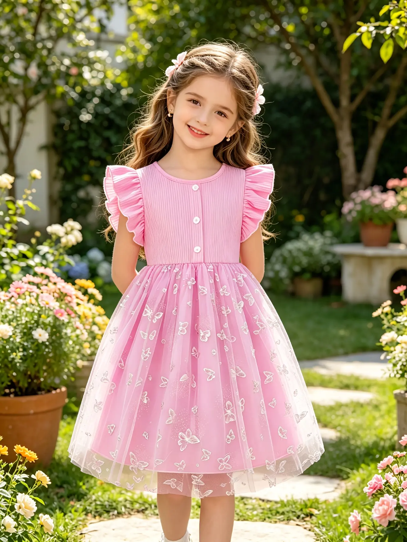 Detail 4 of Girls Butterfly Print Ribbed Tulle Dress by LUNORIANA
