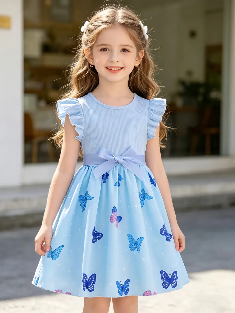 Girls Blue Sleeveless Butterfly Print Dress by LUNORIANA