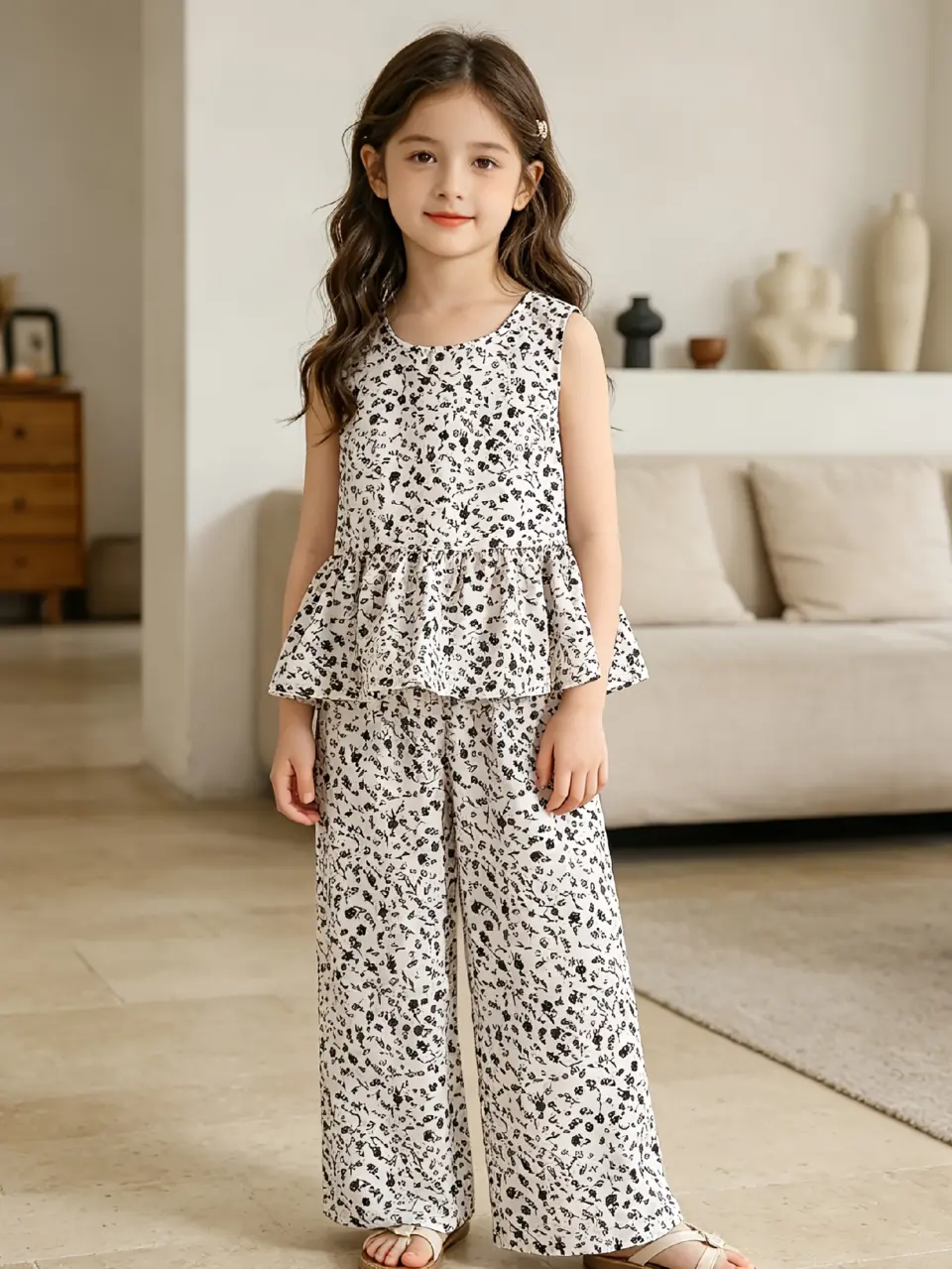Girls Floral Sleeveless Top and Straight Pants Set by LUNORIANA