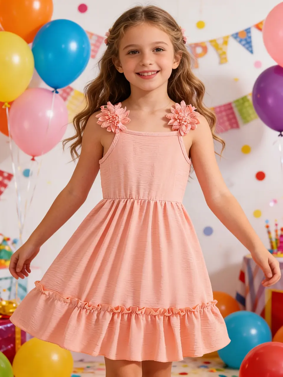 Girls Floral Strap Dress with Eyelet Detail by LUNORIANA