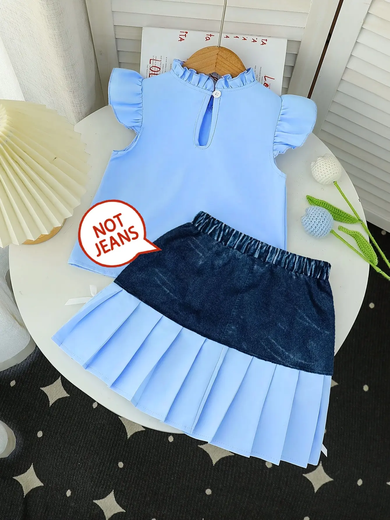 Detail 1 of Girls Ruffle Collar Top and Denim-Look Skirt Set by LUNORIANA