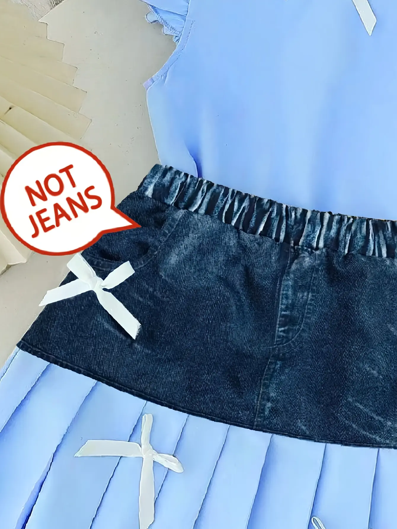 Detail 3 of Girls Ruffle Collar Top and Denim-Look Skirt Set by LUNORIANA
