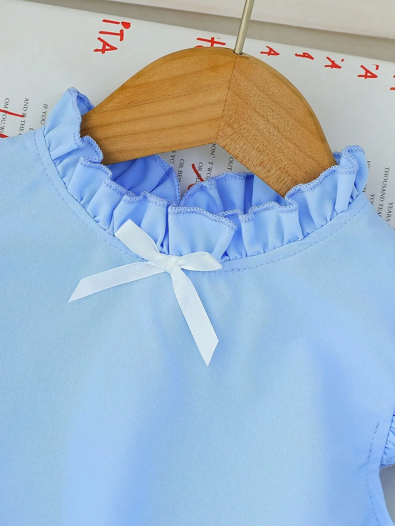 Detail 2 of Girls Ruffle Collar Top and Denim-Look Skirt Set by LUNORIANA