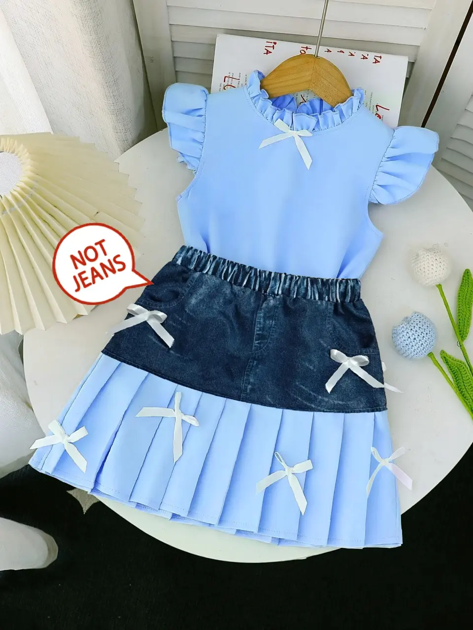 Girls Ruffle Collar Top and Denim-Look Skirt Set by LUNORIANA