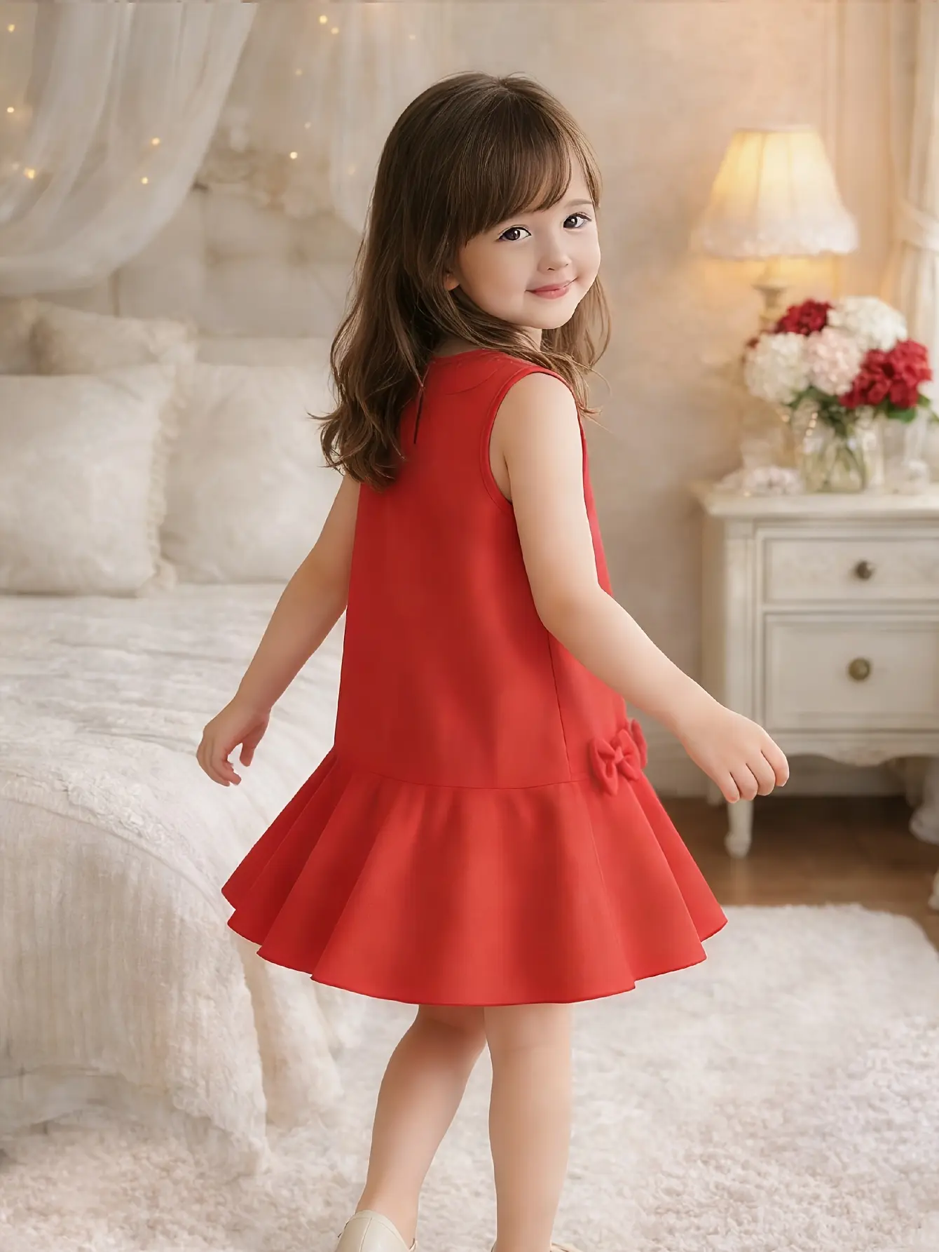 Detail 2 of Girls Red Bow Party Dress with Round Neck by LUNORIANA