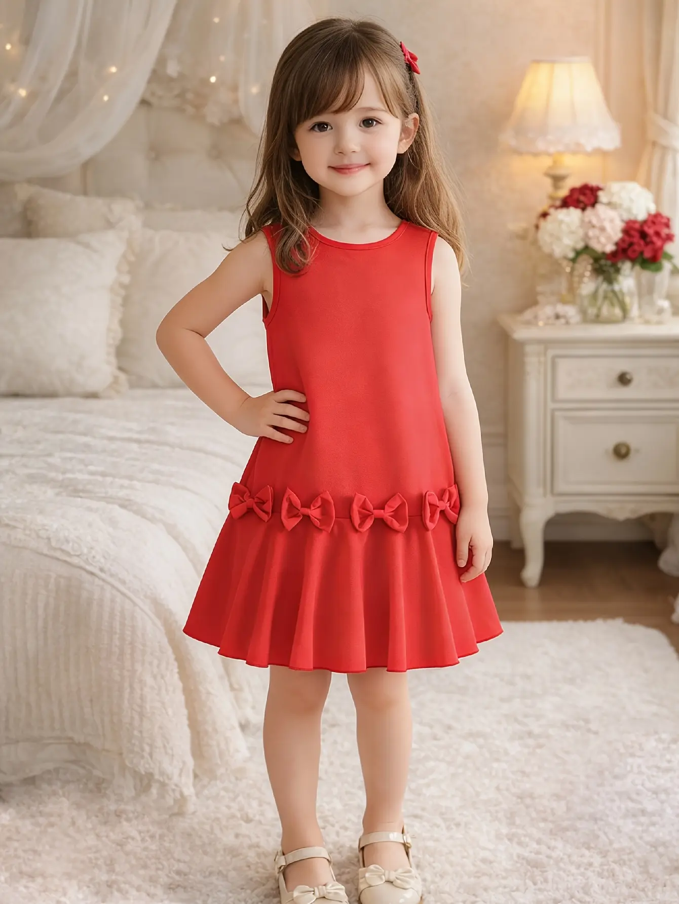 Detail 3 of Girls Red Bow Party Dress with Round Neck by LUNORIANA