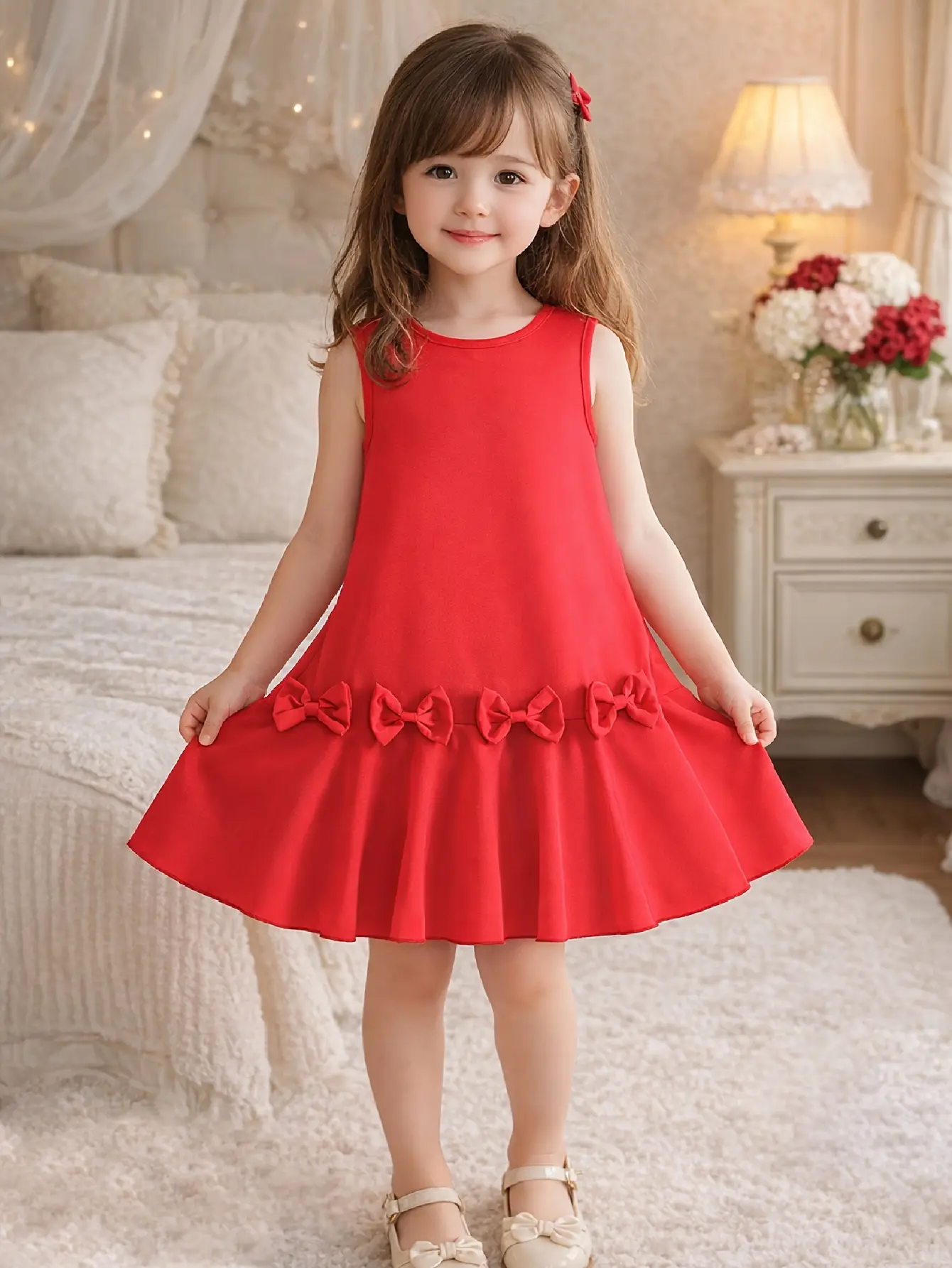 Girls Red Bow Party Dress with Round Neck by LUNORIANA