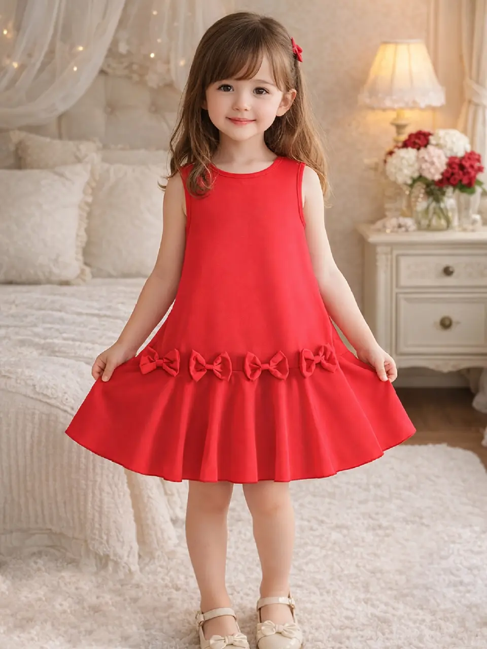 Girls Red Bow Party Dress with Round Neck by LUNORIANA