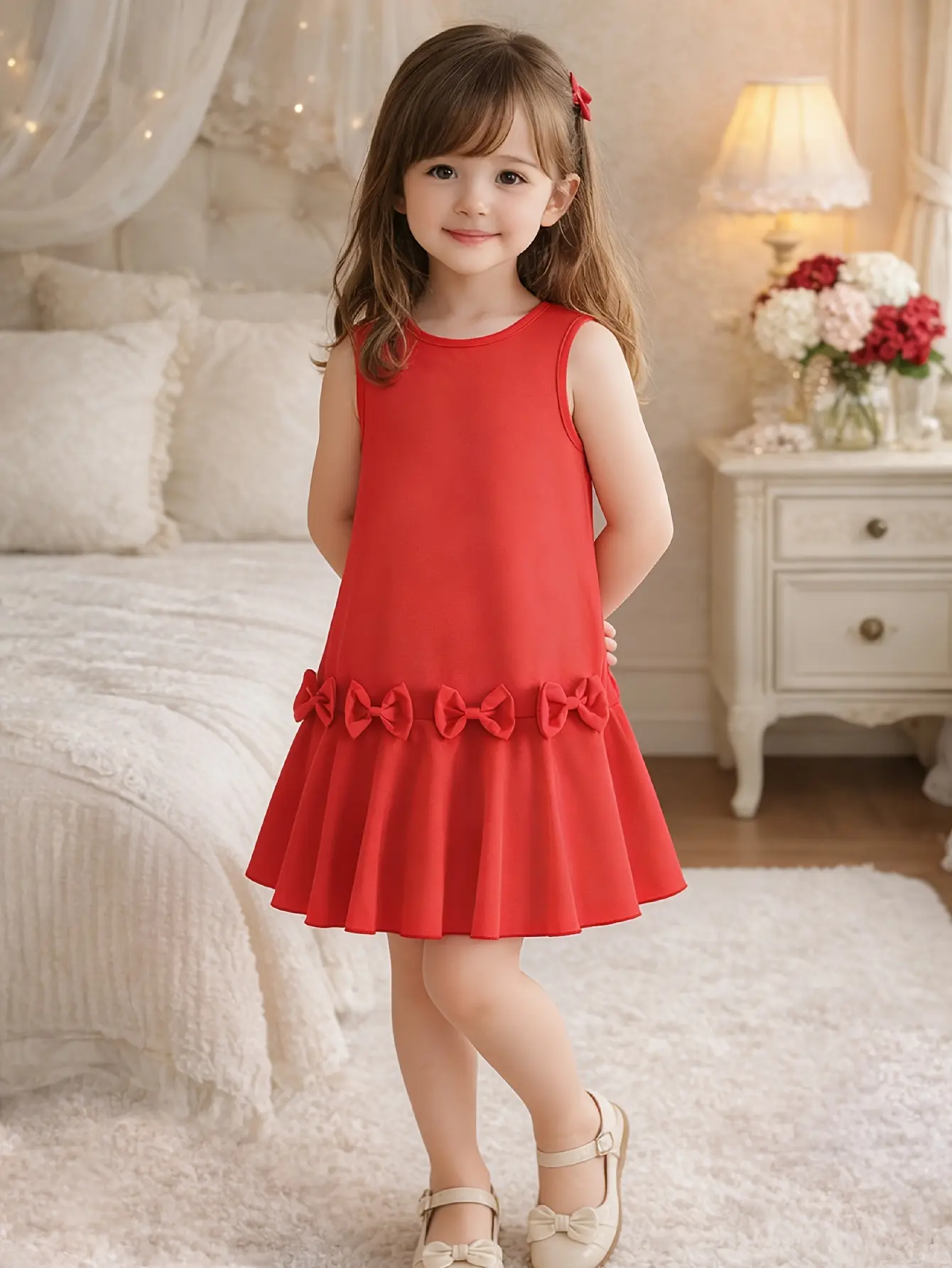Detail 4 of Girls Red Bow Party Dress with Round Neck by LUNORIANA