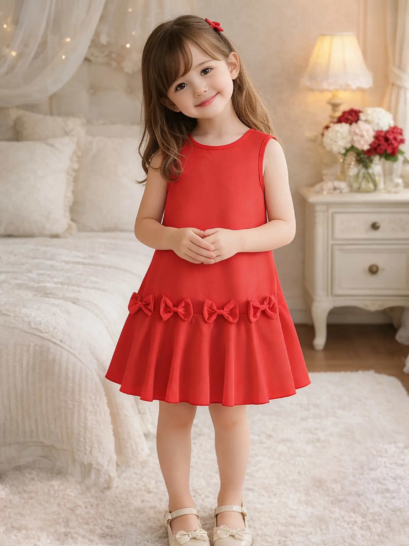 Detail 5 of Girls Red Bow Party Dress with Round Neck by LUNORIANA