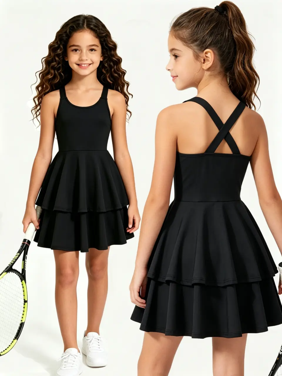 Girls Solid Black Long Dress, Stretch Casual Active Outfit by LUNORIANA