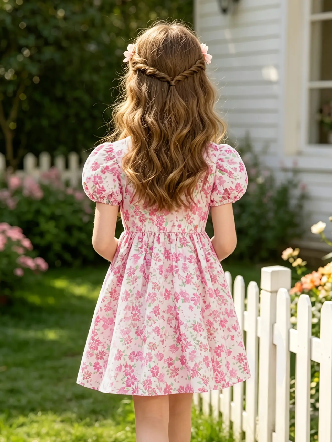 Detail 2 of Girls Pink Floral Short Sleeve Dress with Keyhole Back by LUNORIANA