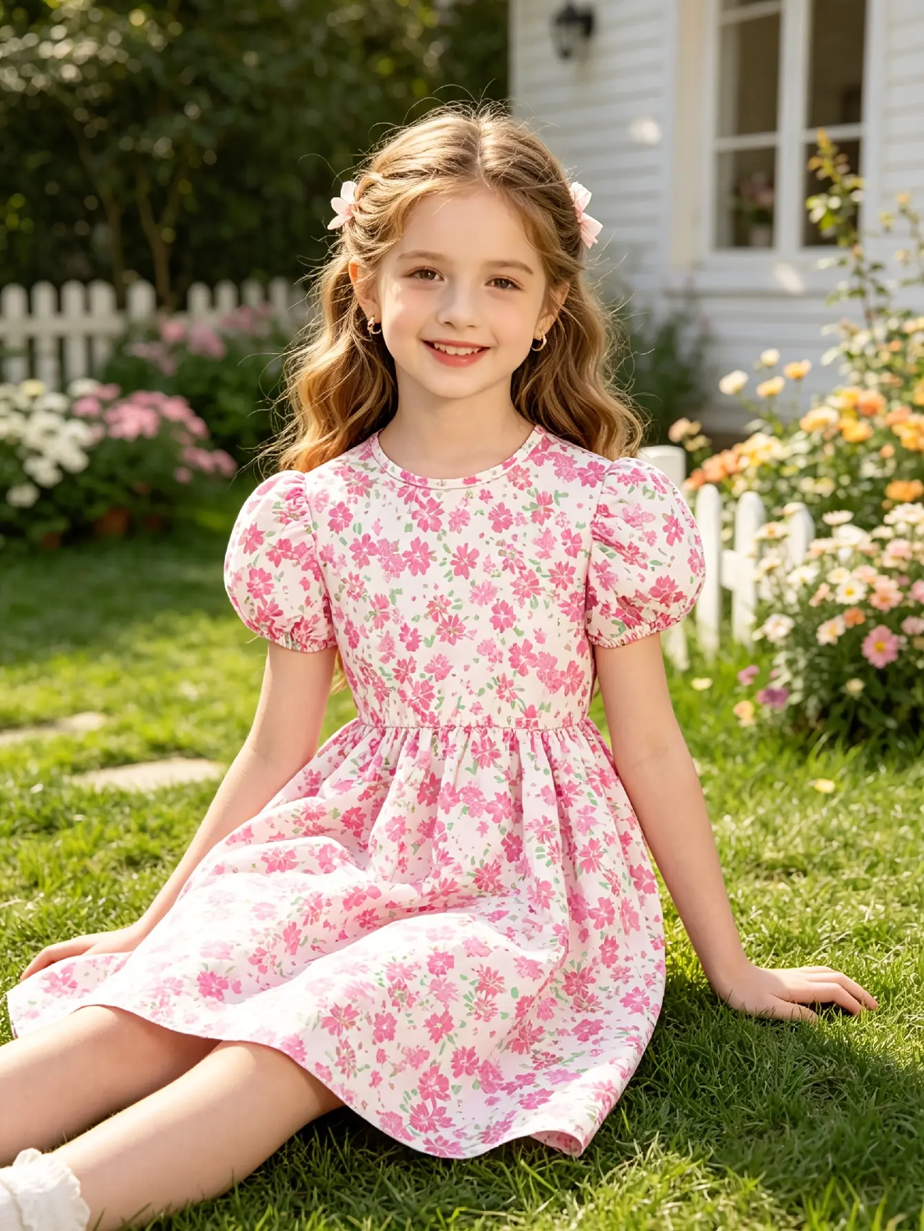 Detail 4 of Girls Pink Floral Short Sleeve Dress with Keyhole Back by LUNORIANA