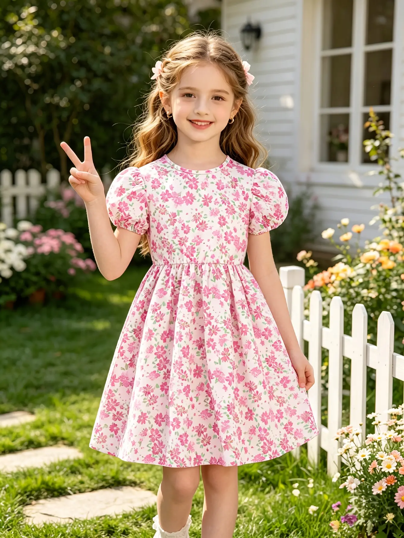 Detail 7 of Girls Pink Floral Short Sleeve Dress with Keyhole Back by LUNORIANA
