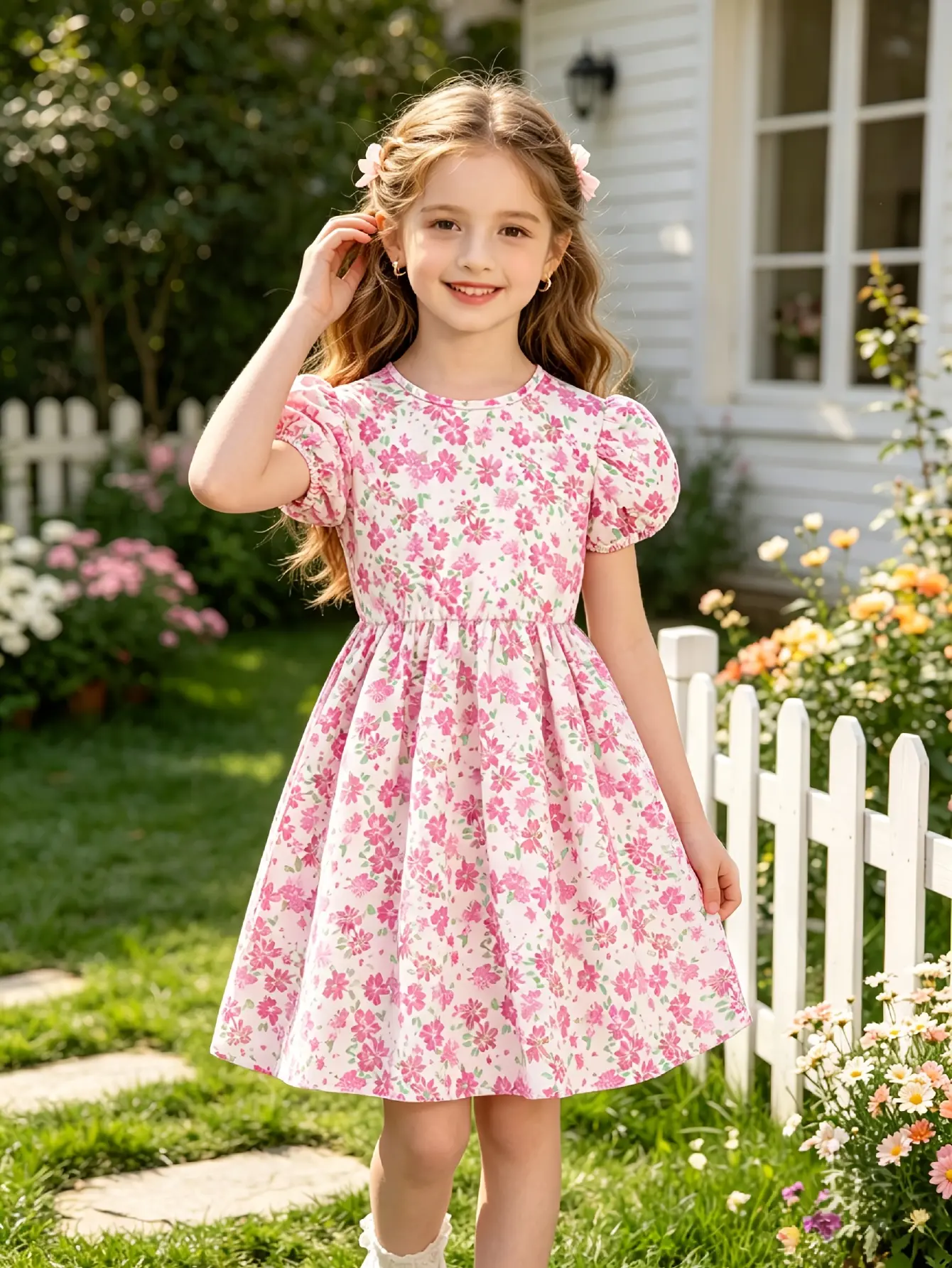 Detail 5 of Girls Pink Floral Short Sleeve Dress with Keyhole Back by LUNORIANA