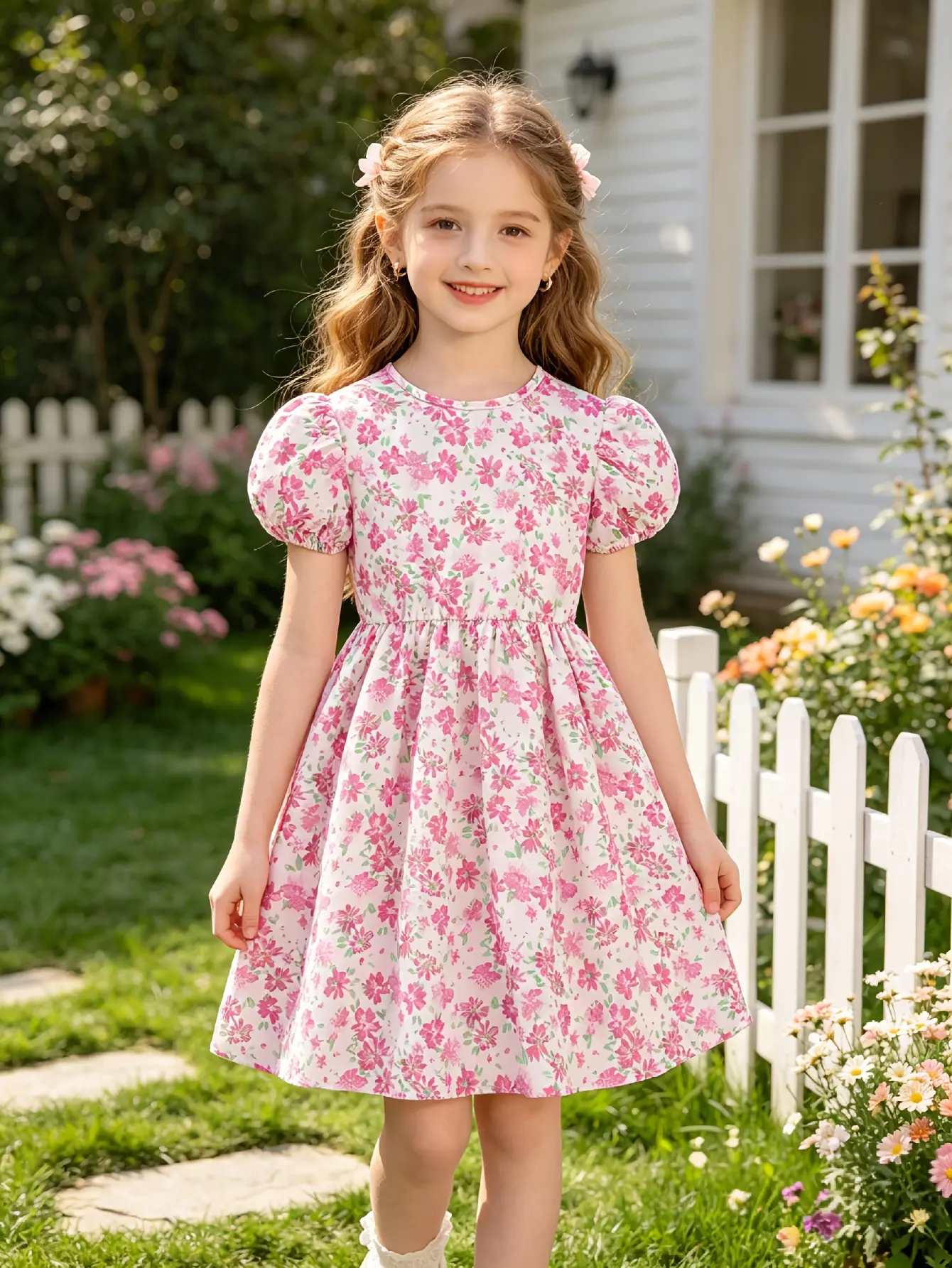Detail 6 of Girls Pink Floral Short Sleeve Dress with Keyhole Back by LUNORIANA
