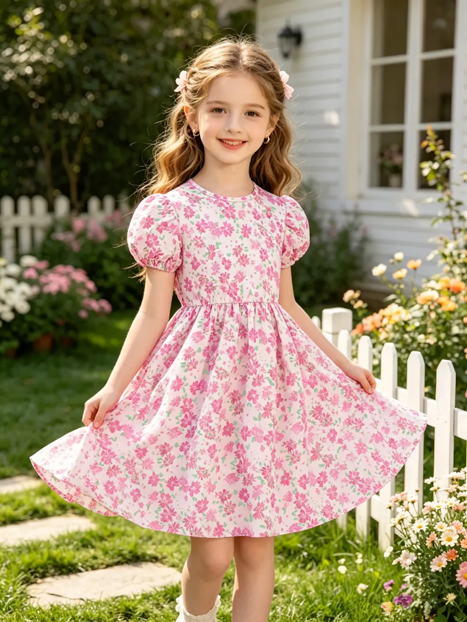 Girls Pink Floral Short Sleeve Dress with Keyhole Back