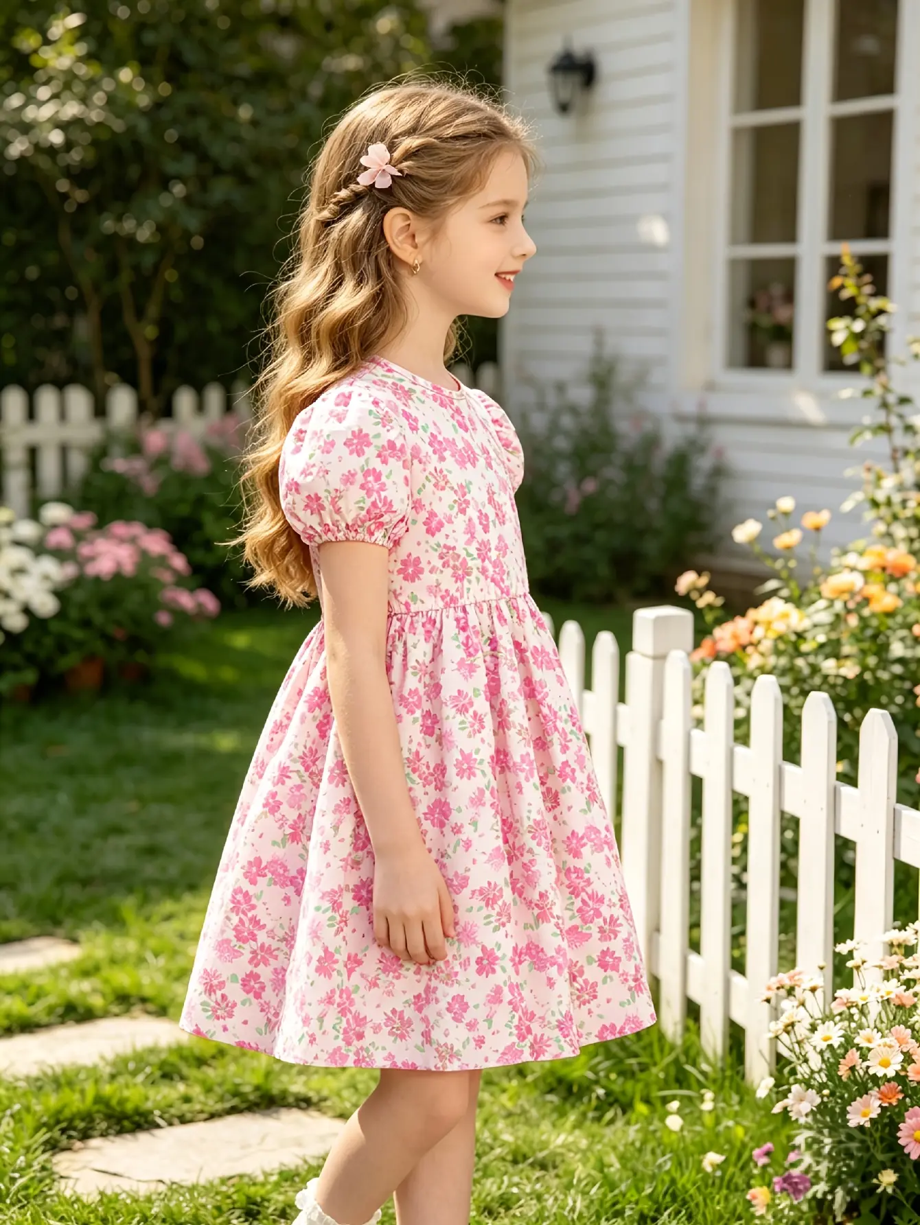 Detail 3 of Girls Pink Floral Short Sleeve Dress with Keyhole Back by LUNORIANA