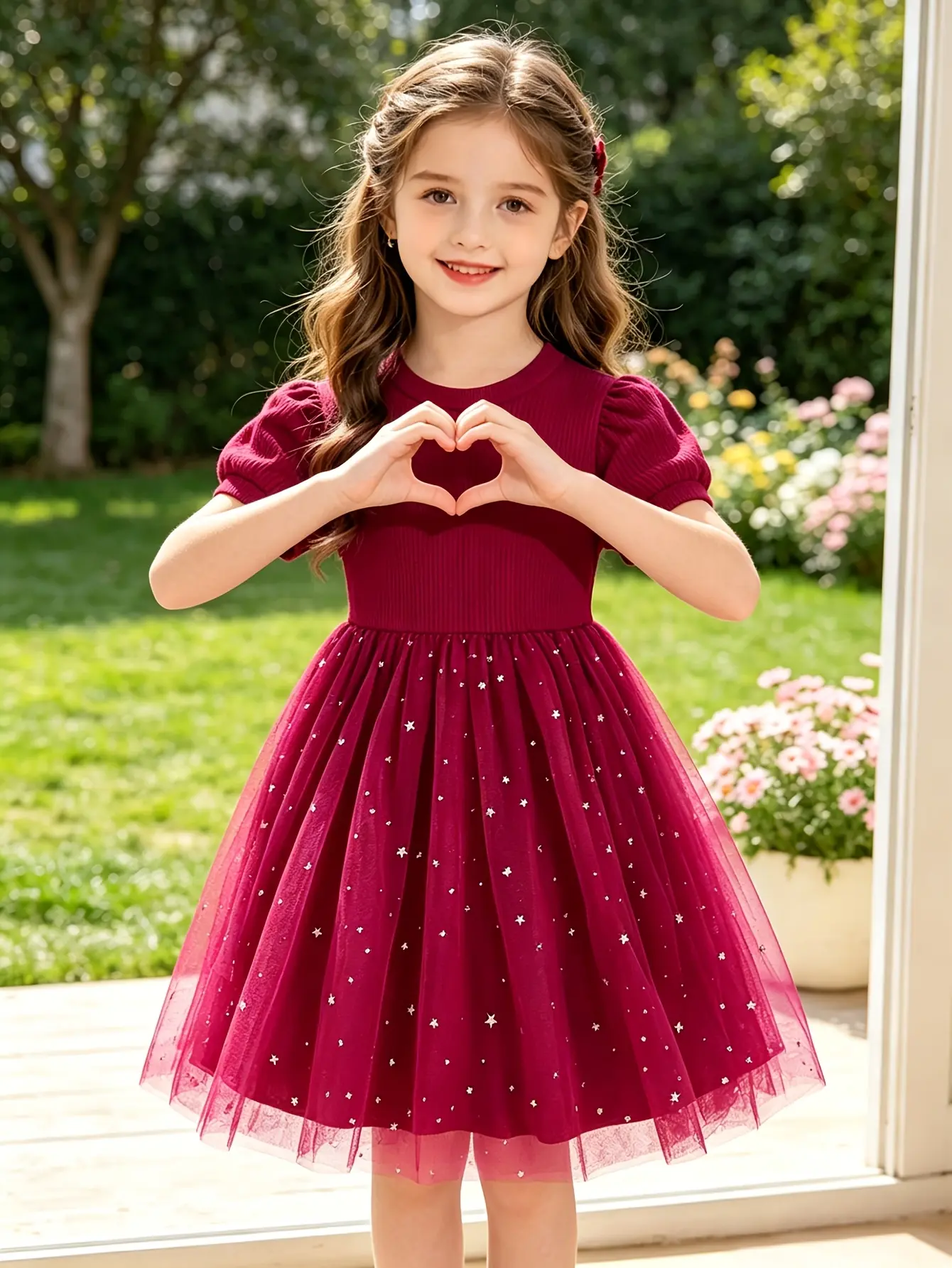 Detail 4 of Girls Red Short Sleeve Star Sequin Tulle Dress by LUNORIANA